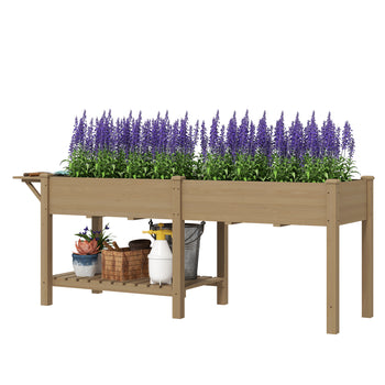 Wood Raised Garden Box, Elevated Garden Bed with Side Table, Bottom Shelf, Bed Liners and Drainage Holes, Carbonized