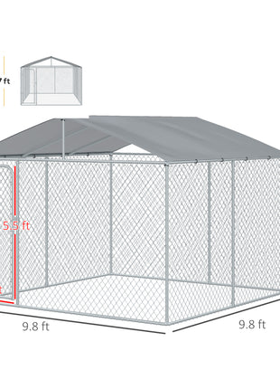 Outdoor Dog Kennel Galvanized Steel Fence with Cover Secure Lock Mesh Sidewalls for Backyard 9.8' x 9.8' x 7.7'