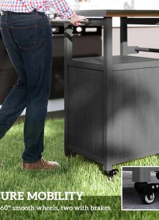 Outdoor Grill Cart with Stainless Steel Top, Solid Wood Outdoor Kitchen Island with Wheels, Integrated Hole, Dark Gray