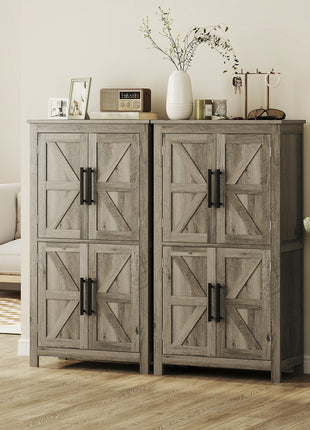 Bathroom Floor Storage Cabinet, Farmhouse Bathroom Cabinet with 4 Doors and Adjustable Shelf, Light Gray