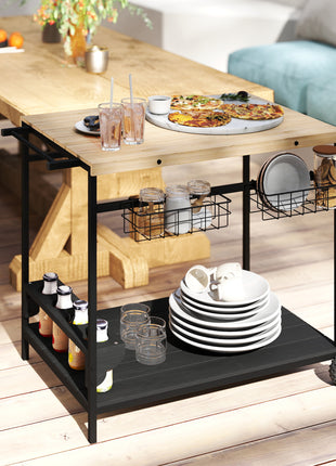 Outdoor Bar Cart Patio Serving Cart with Wine Holders Natural