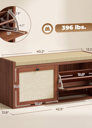 Shoe Storage Bench with Padded Seat, Shoe Storage Bench Rattan Doors for Entryway, Brown
