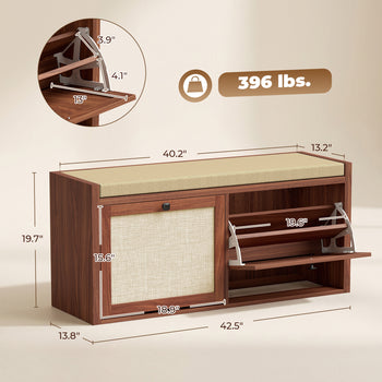Shoe Storage Bench with Padded Seat, Shoe Storage Bench Rattan Doors for Entryway, Brown