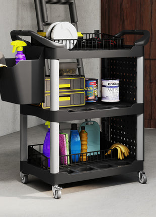 3-Tier Rolling Tool Cart, 200 LBS Capacity Plastic Utility Cart with Side Shelf and Bucket, Black and Light Gray