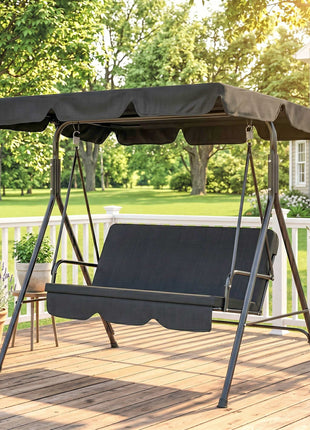 3-Seat Outdoor Patio Swing Chair w/ Cushion, Steel Frame Stand, Adjustable Tilt Canopy for Patio, Garden, Black 2