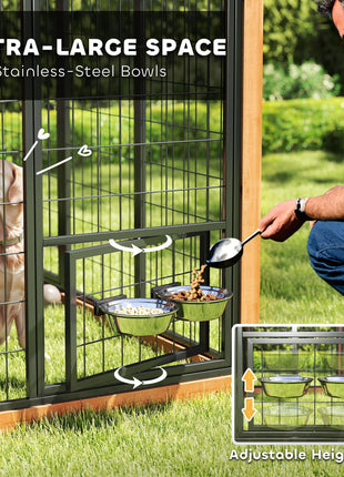 7' x 6' Extra Large Dog House, Wood Outdoor Dog Kennel with Storage Cabinet, Stainless Steel Bowls, Light Yellow