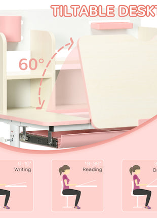 Wooden Kids Study Desk, Height Adjustable Children School Study Table, Student Writing Desk with Tilt Desktop, Drawer, Storage Shelf, Pen Holder, Pink