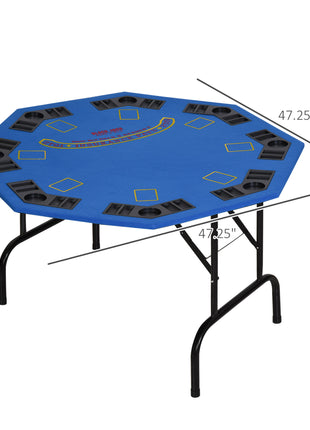 Poker Table Foldable, 47" Octagon Blackjack Poker Game Table for 8 Players with Cup Holders and Chips Tray, Blue Felt