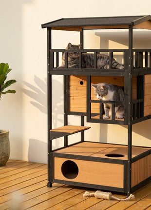 Wooden Outdoor Cat House, Feral Cat Shelter Kitten Condo with Asphalt Roof, Escape Doors, Condo, Jumping Platform, Yellow