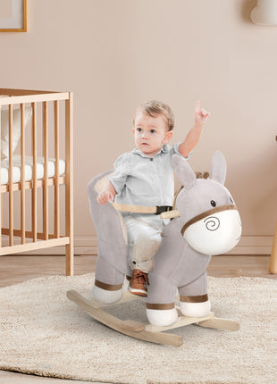 Kids Rocking Chair, Plush Ride On Rocking Horse Donkey with Sound, Wood Base Seat, Safety Belt, Baby Toddler Rocker Toy for 18 - 36 Months, Gray