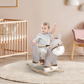 Kids Rocking Chair, Plush Ride On Rocking Horse Donkey with Sound, Wood Base Seat, Safety Belt, Baby Toddler Rocker Toy for 18 - 36 Months, Gray