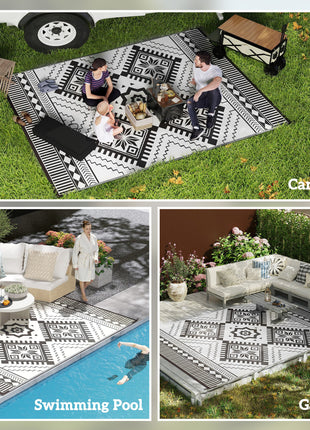 Reversible Outdoor Rug, Waterproof Plastic Straw with Carry Bag, 9' x 12', White & Black Toothed Rhombus