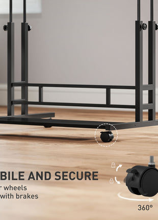 Adjustable Standing Desk with Power Outlets, Stand Up Desk with Tiltable Tabletop, Wheels, Shelf, for Home Office, Black