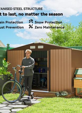 9' x 6' Outdoor Storage Shed, Garden Tool Metal Shed with Foundation Kit, Double Lockable Door, Air Vents and Sloping Roof, for Backyard, Patio, Lawn, Yellow