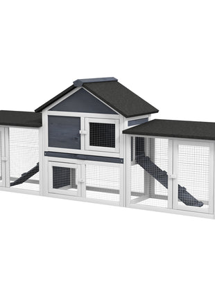 Outdoor Rabbit House 83" 2 Story Deluxe XL Wooden Rabbit Hutch, Big Bunny Cage w/ Ladder and Run, Dark Gray