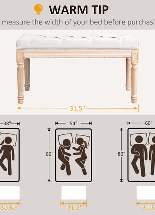 32" Linen Upholstered Bedroom Bench, French End of Bed Bench with Thick Padded Cushion and Wooden Legs, Cream White