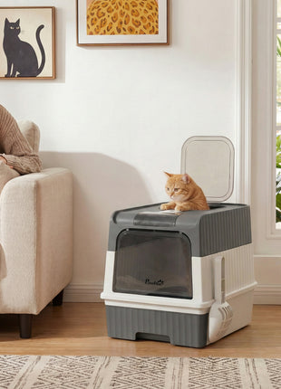 Cat Litter Box Hooded Cat Litter Tray with Drawer Pan Front Entry & Top Exit Easy Cleaning Gray