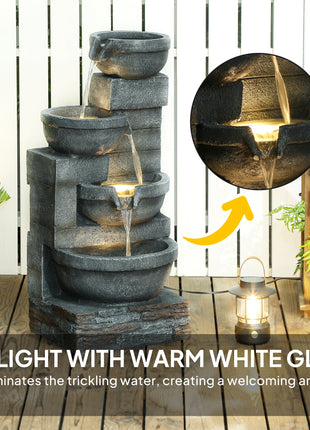 30" Tall Outdoor Waterfall Fountain with LED Lights, 4-Tier Resin Cascading Water Bowls with Pump, Gray