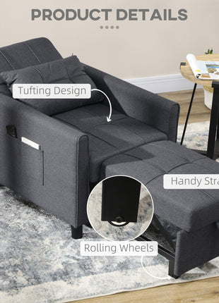 3-in-1 Convertible Chair Bed, Multi-Functional Single Sofa Bed, Pull Out Sleeper Chair with Adjustable Backrest, Pillow, and Pockets, Gray