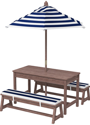 Outdoor Wooden Kids Picnic Table & Bench Set with Cushions and Umbrella, for Patio, Garden, Navy Blue