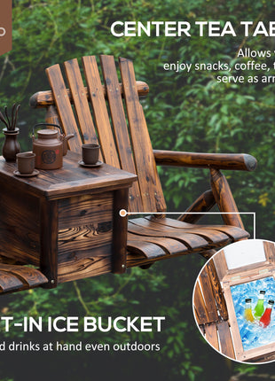Double Wooden Adirondack Chair with Ice Bucket, Outdoor Loveseat with High Backrest, Smooth Armrest, Rustic Brown