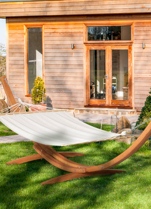 Outdoor Hammock with Stand, Extra Large Heavy Duty Wooden Frame, No Tree Needed, 12.8' Indoor Outside Boho Style Nap Bed, Natural Cotton, White