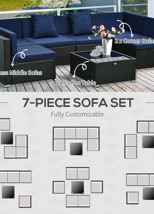 7 Piece Patio Furniture Set, Wicker Outdoor Sectional Sofa Set, All Weather PE Rattan Outdoor Furniture Conversation Sets with Cushions, Glass Top Coffee Table, Pillows, Dark Blue