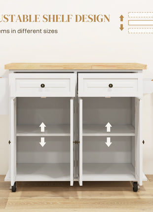 Kitchen Island on Wheels, Rolling Cart with Rubberwood Top, Spice Rack, Towel Rack and Drawers, Cream White