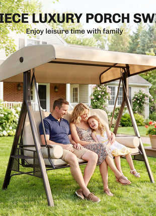 3-Seat Patio Swing Chair, Outdoor Porch Swing Glider with Adjustable Canopy, Removable Cushion, Pillows and Side Trays, for Garden, Poolside, Backyard, Beige