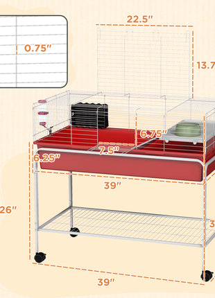 Two-Story Small Animal Cage Removable from Stand, Pet Habitat with Shelf & Wheels, 39" x 20.5" x 36.5", Red