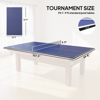 9 ft Folding Ping Pong Table Top for Billiard Tables, Table Tennis Conversion Top with Net, Foam Padding, Blue
