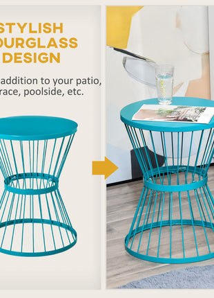 16" Steel Patio Side Table, Garden End Table with Hourglass Design, Accent Table for Outdoor and Indoor Use, Blue