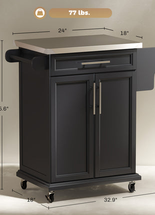 Kitchen Island on Wheels, Rolling Kitchen Cart with Stainless Steel Countertop, Drawer, Towel Rack and Spice Rack, Utility Storage Trolley, Black