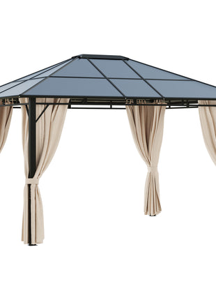 10' x 12' Hardtop Gazebo Canopy with Polycarbonate Roof, Aluminum Frame, Permanent Pavilion Outdoor Gazebo with Netting, for Patio, Garden, Backyard, Deck, Lawn, Dark Brown, Off-White