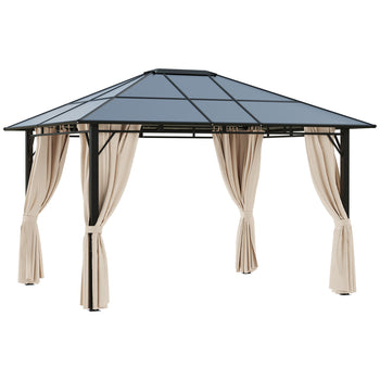 10' x 12' Hardtop Gazebo Canopy with Polycarbonate Roof, Aluminum Frame, Permanent Pavilion Outdoor Gazebo with Netting, for Patio, Garden, Backyard, Deck, Lawn, Dark Brown, Off-White