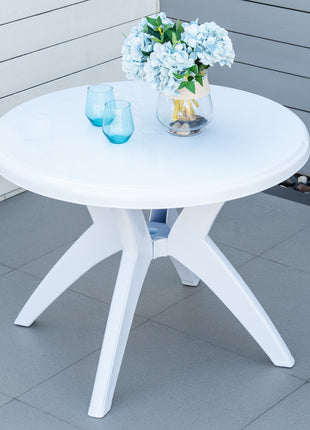 Patio Dining Table with Umbrella Hole Round Outdoor Bistro Table for Garden Lawn Backyard, White