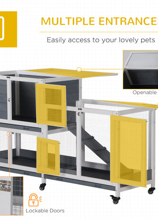 Wooden Rabbit Hutch Bunny Hutch Elevated Pet House Cage Small Animal Habitat with No Leak Tray Lockable Door Openable Top for Rabbits, Chickens, Ducks, Indoor 57.75" x 18" x 32.5" Gray