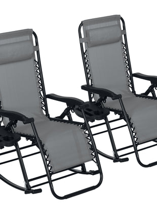2 Outdoor Rocking Chairs Foldable Reclining Zero Gravity Lounge Rockers w/ Pillow Cup & Phone Holder, Gray
