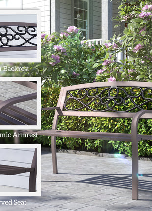50" Outdoor Bench, Metal Garden Bench with Floral Pattern Backrest, Porch Bench with Slatted Seat for Park, Yard, Lawn, Brown