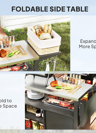 Outdoor Grill Cart Table with Stainless Steel Top, Movable Pizza Oven Table with Foldable Side Table, Wheels