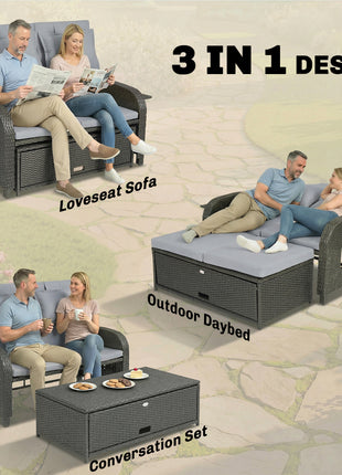 Patio Rattan Daybed, Wicker Outdoor Daybed with Storage Ottoman, Loveseat w/ Adjustable Backrest, Gray