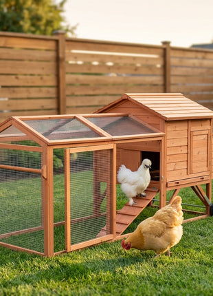 96.5" Chicken Coop Wooden Hen House Poultry Cage Pen Portable with Wheels and Nesting Box, Chicken Cage for Backyard Outdoor, Natural