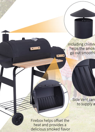 Charcoal BBQ, Portable Grill with Wheels, All-in-One Grill, Side vent, Two Shelves and Metal Grating, Lit-Mounted Thermometer, Wooden Handle, for Outdoor Cooking, Black