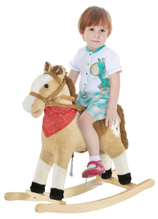 Kids Plush Ride-On Rocking Horse Toy Cowboy Rocker with Fun Realistic Sounds for Child 3-6 Years Old, Beige