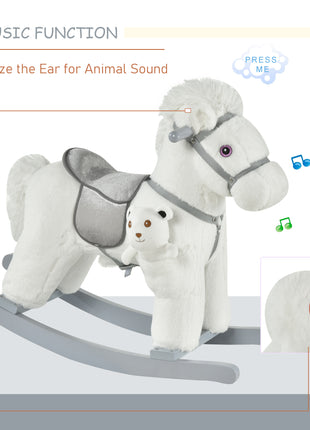 Kids Rocking Horse with Bear Toy, Plush Animal Rocker with Fun Realistic Sounds for Toddler 18-36 Months, White