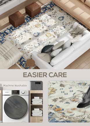 Machine Washable Area Rug 8x10, Non-Slip Boho Floral Print Floor Carpet for Living Room, Bedroom, Dining Room, Blue