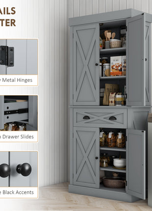 72" Kitchen Cabinet, Pantry Storage Cabinet with 4 Doors and 2 Adjustable Shelves, Large Central Drawer, Gray