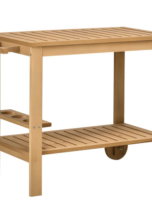 Outdoor Bar Cart, Wood Rolling Home Bar & Serving Cart ，2 Shelves, Wine Bottle Holders for Garden, Dining Room, Natural