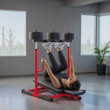 Vertical Leg Press Machine with Adjustable Leg, Back, and Head Positions, 1" Standard Plate Compatible, Red