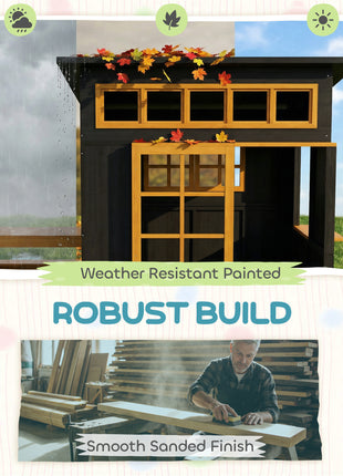 Outdoor Playhouse, Wooden Kids Playhouse w/ Picnic Table & Benches, Chalkboards, Half Door, Windows, for Kids Ages 3-8